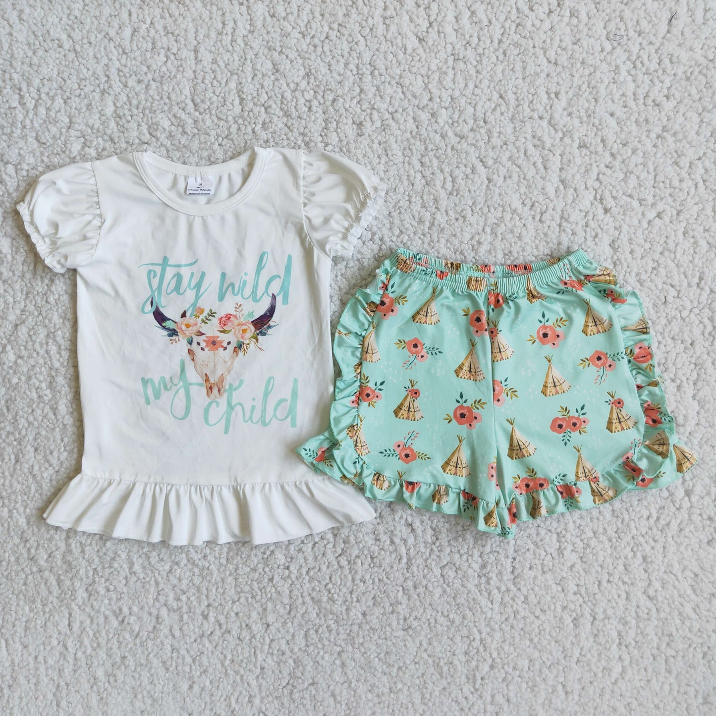 Girls Stay Wild Cow Outfits Short Sleeves Floral Shorts