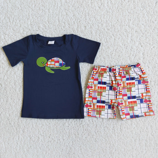 Boys Embroidery Sea Turtle Outfits Short Sleeves Shorts