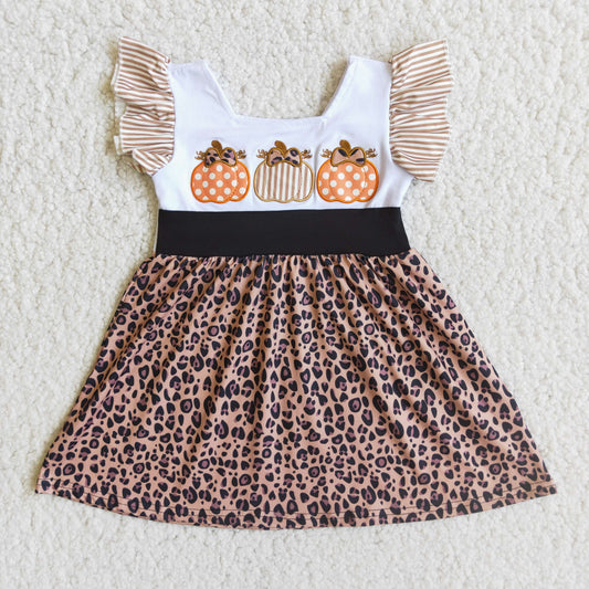 Girls Embroidery Pumpkin Dress Flutter Sleeves Leopard