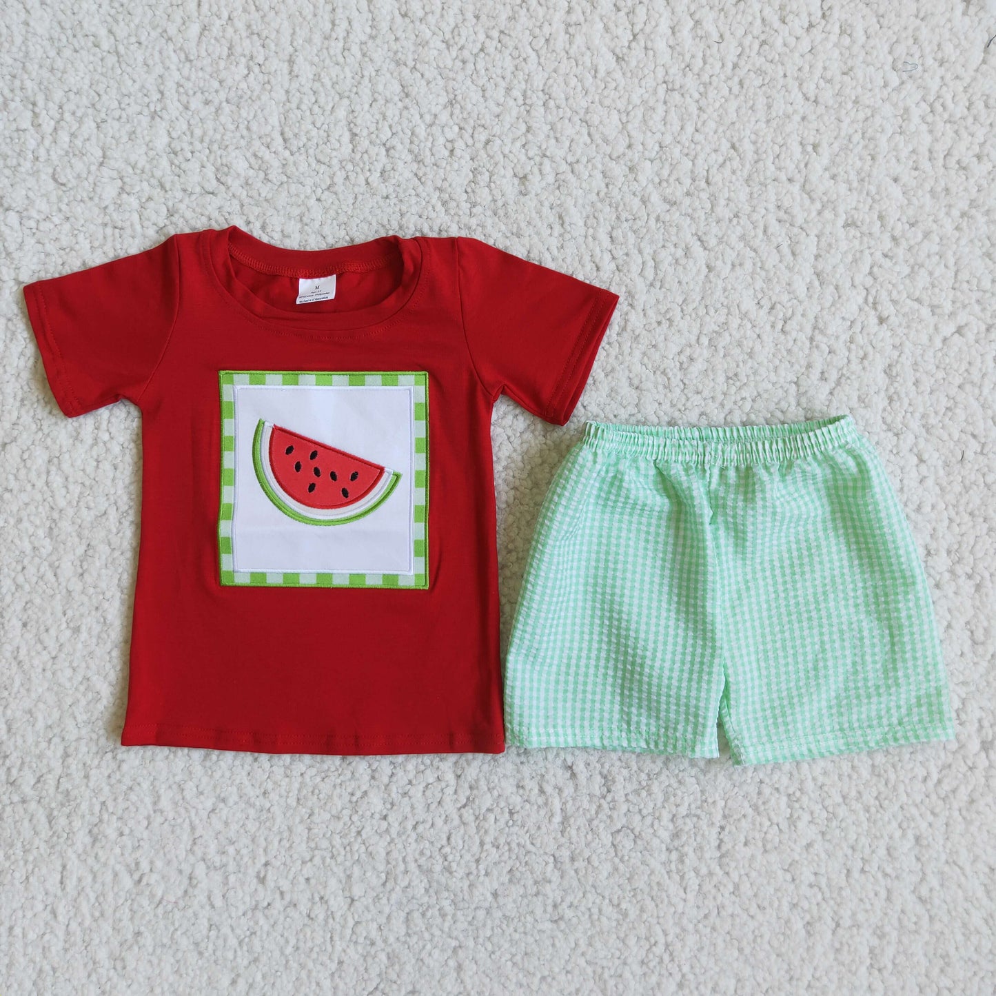 Boys Embroidery Watermelon Outfits Short Sleeves Plaid Shorts