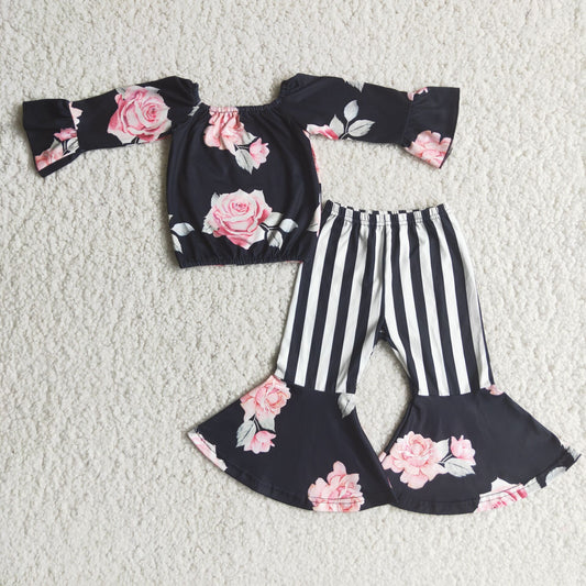 Girls Floral Outfits Long Sleeves Stripe Black Pants