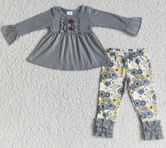 Girls Floral Outfits Long Sleeves Ruffled Pants Gray