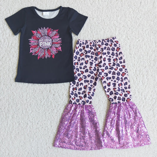 Girls Pink Sunflowers Outfits Short Sleeves Leopard Pants