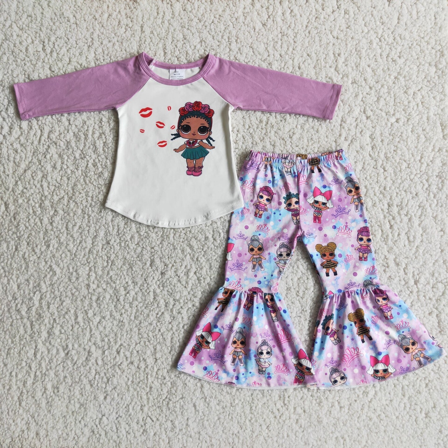 Girls Cartoon Purple Outfits Long Sleeves Bell Bottom Pants