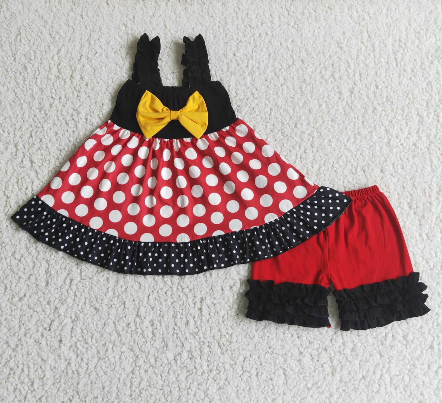 Girls Polka Dot Outfits Sleeveless Bow Red Shorts