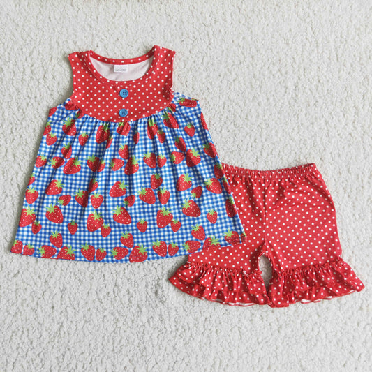 Girls Strawberry Outfits Short Sleeves Red Shorts