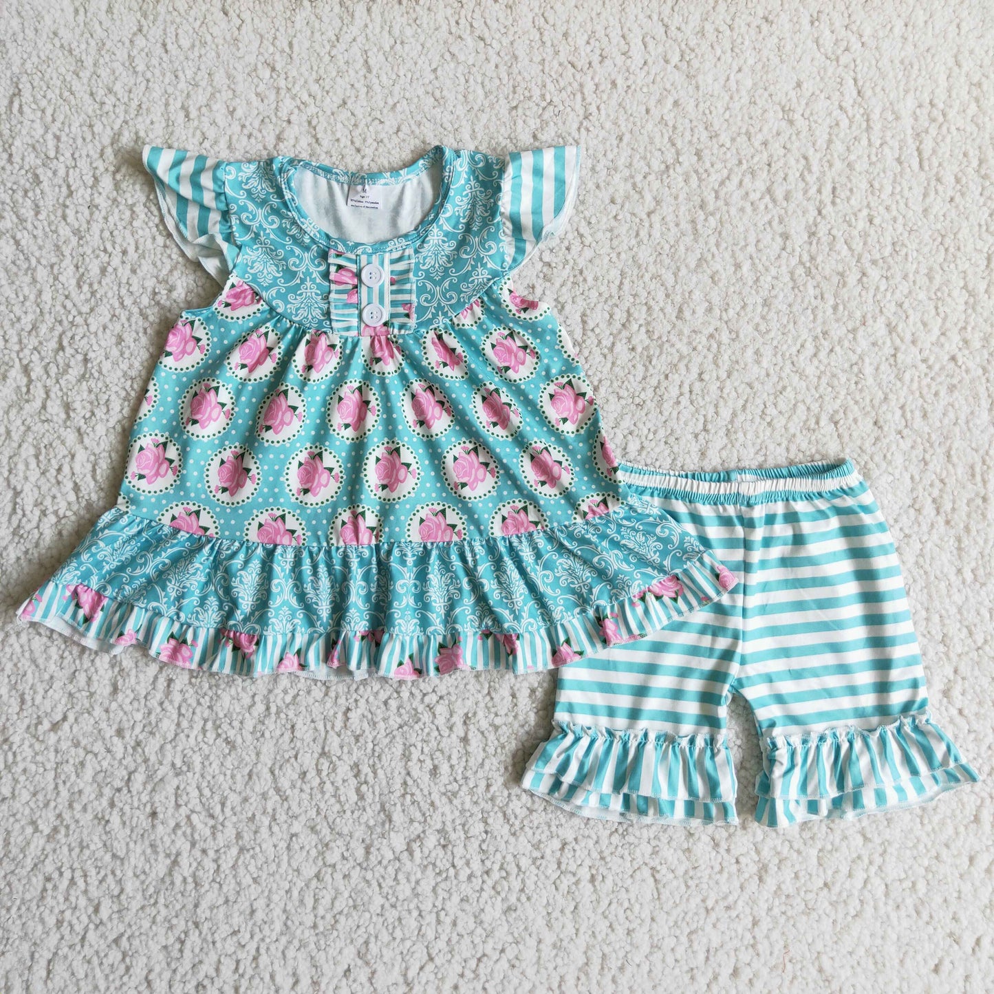 Girls Floral Outfits Short Sleeves Blue Stripe Shorts