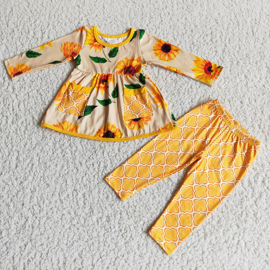 Girls Sunflowers Outfits Pocket Yellow