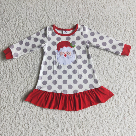 Girls Christmas Santa Gown Long Sleeves Embroidery Dress Polka Dot