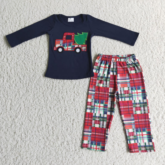 Boys Embroidery Christmas Car Tree Outfits Long Sleeves Plaid Pants