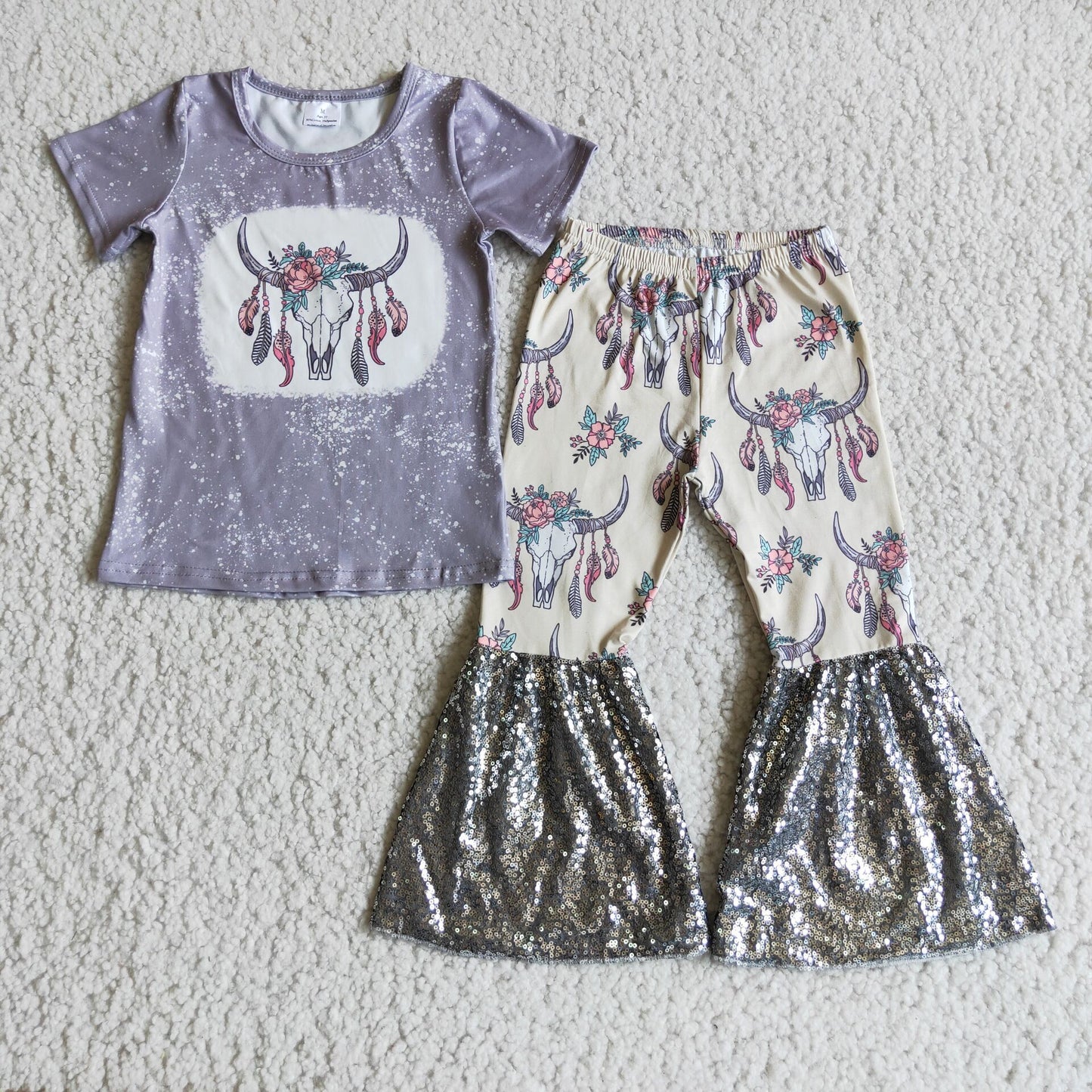 Girls Cow Outfits Short Sleeves Bell Bottom Pants Gray