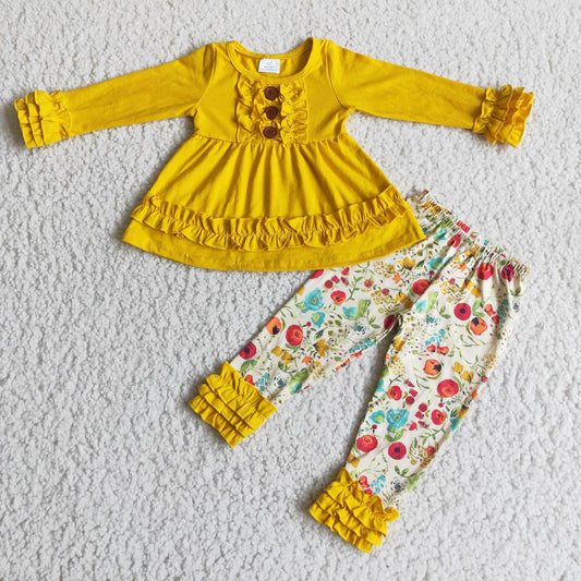 Girls Floral Outfits Long Sleeves Ruffled Pants Yellow