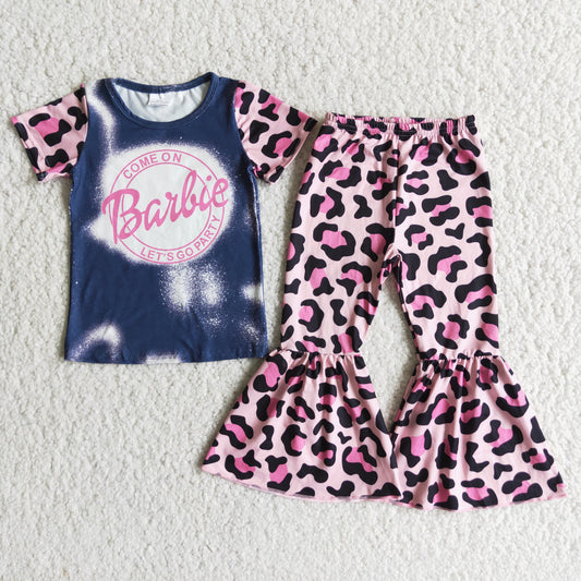 Girls Blue Outfits Short Sleeves Leopard Pants