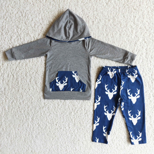 Boys Christmas Reindeer Outfits Long Sleeves Hoodies Joggers Gray