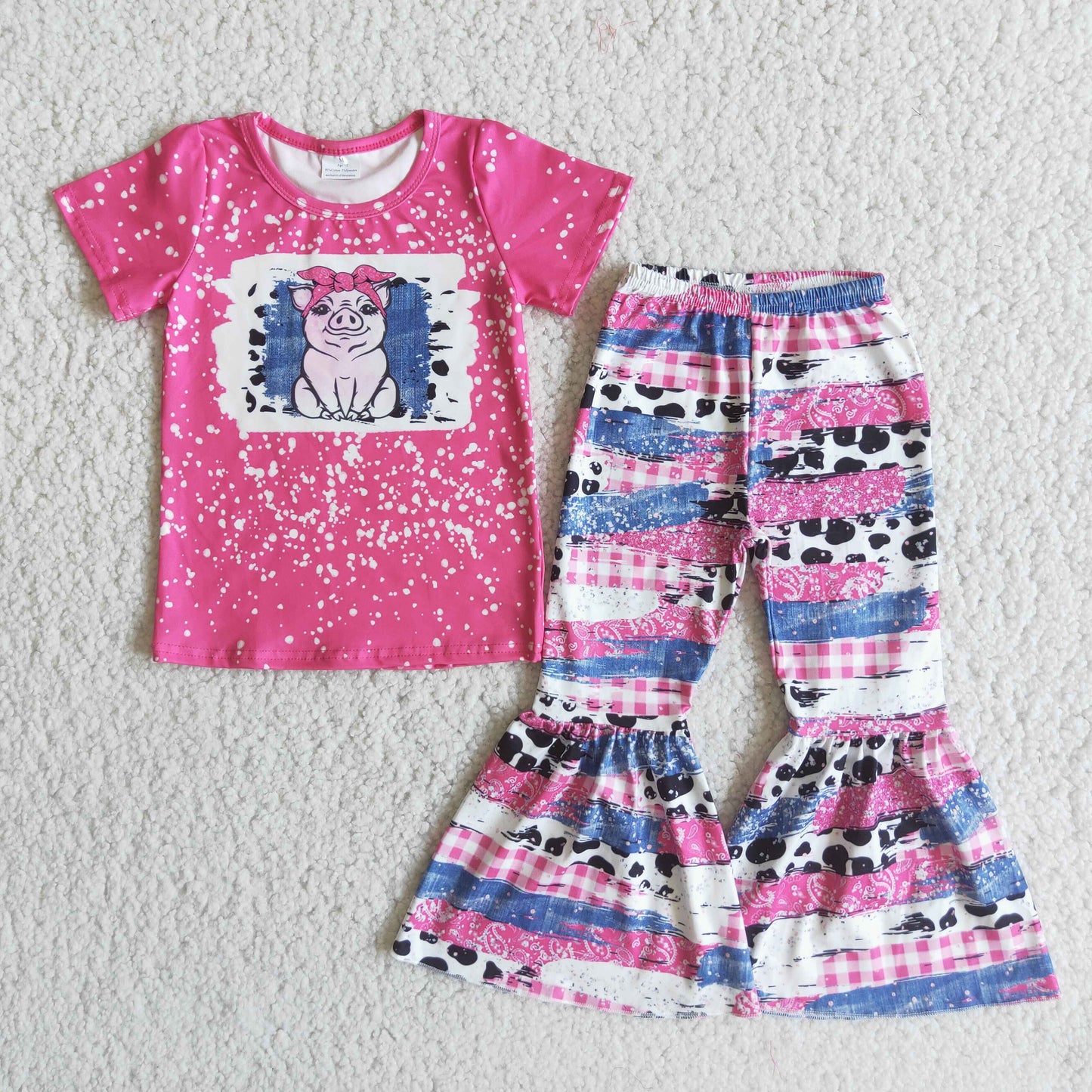 Girls Pig Outfits Short Sleeves Bell Bottom Pants Pink