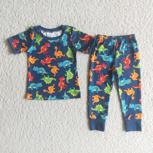 Boys Dinosaur Pajamas Short Sleeves Joggers Blue