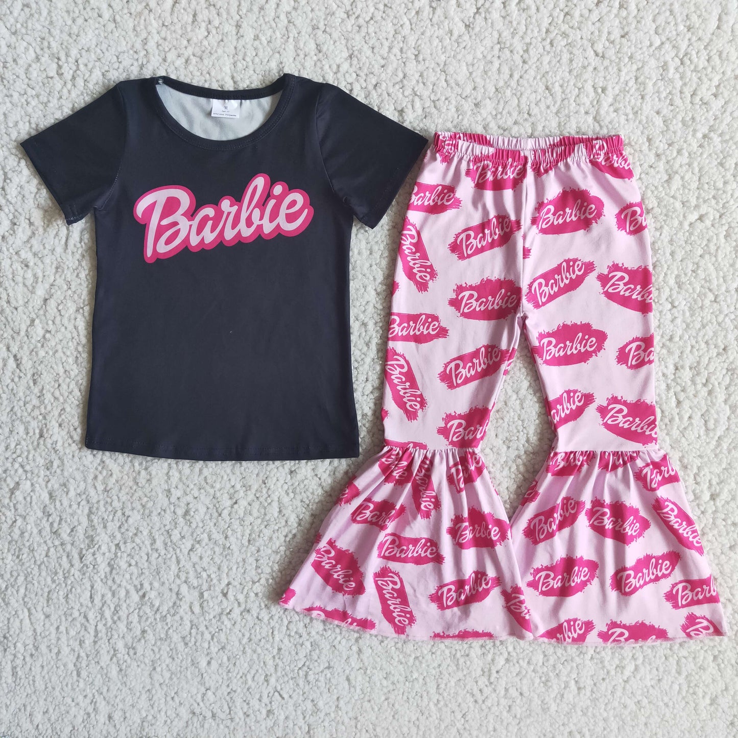 Girls Pink Black Outfits Short Sleeves Bell Bottom Pants