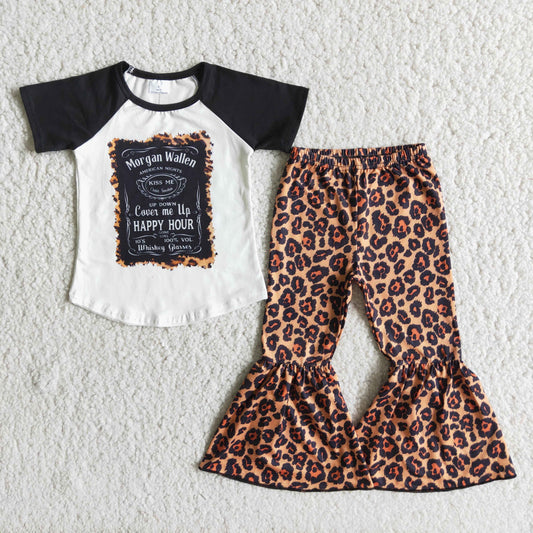 Girls Black Singer Outfits Short Sleeves Bell Bottom Leopard Pants