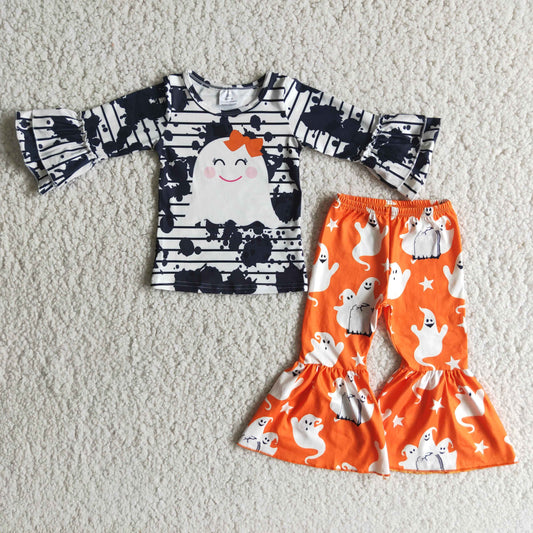 Girls Halloween Ghost Outfits Long Sleeves Bell Bottom Pants Orange