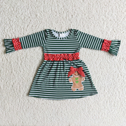 6 B13-20 Girls Embroidery Christmas Dress Long Sleeves Green Stripe