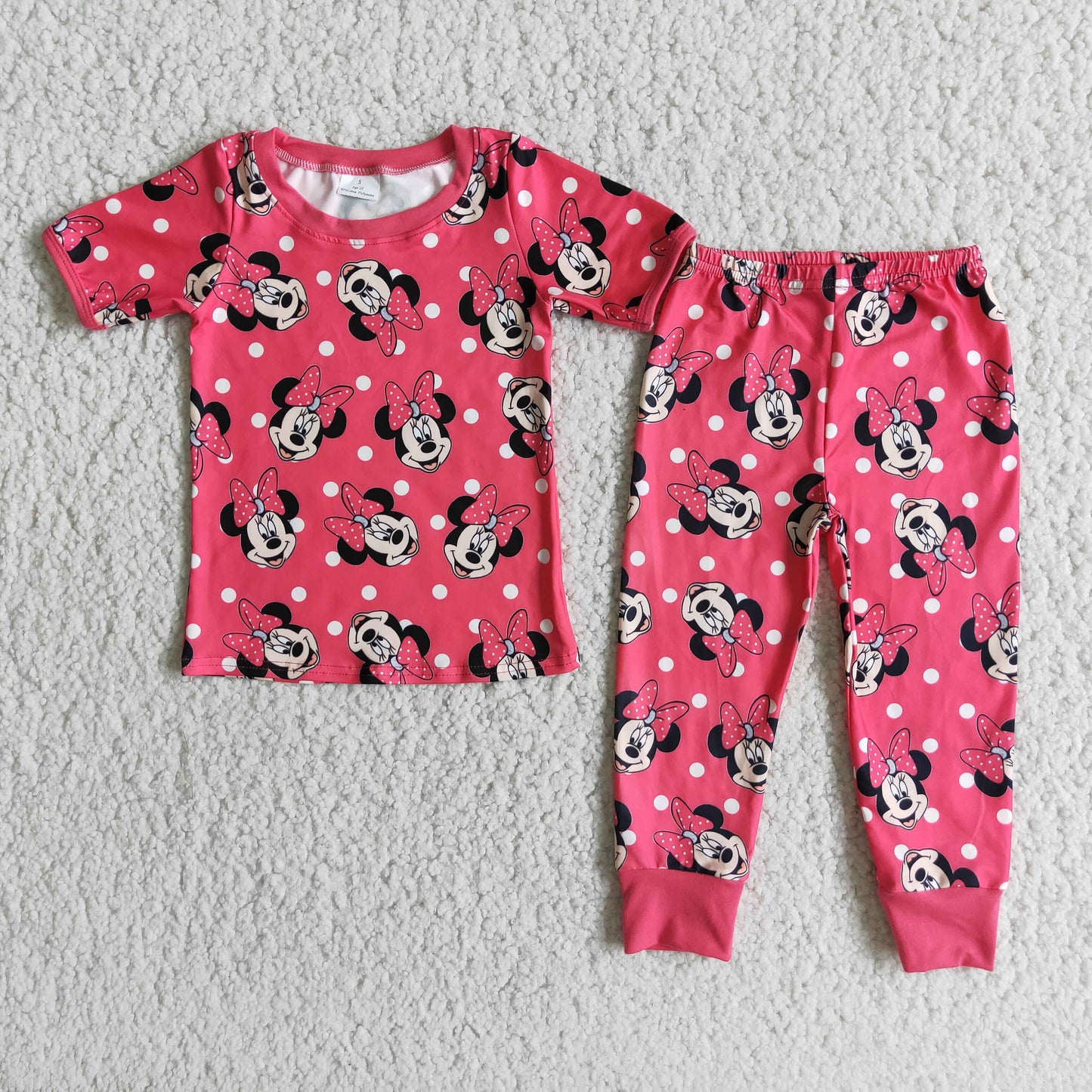 Girls Cartoon Pajamas Short Sleeves Joggers Pink Polka Dot