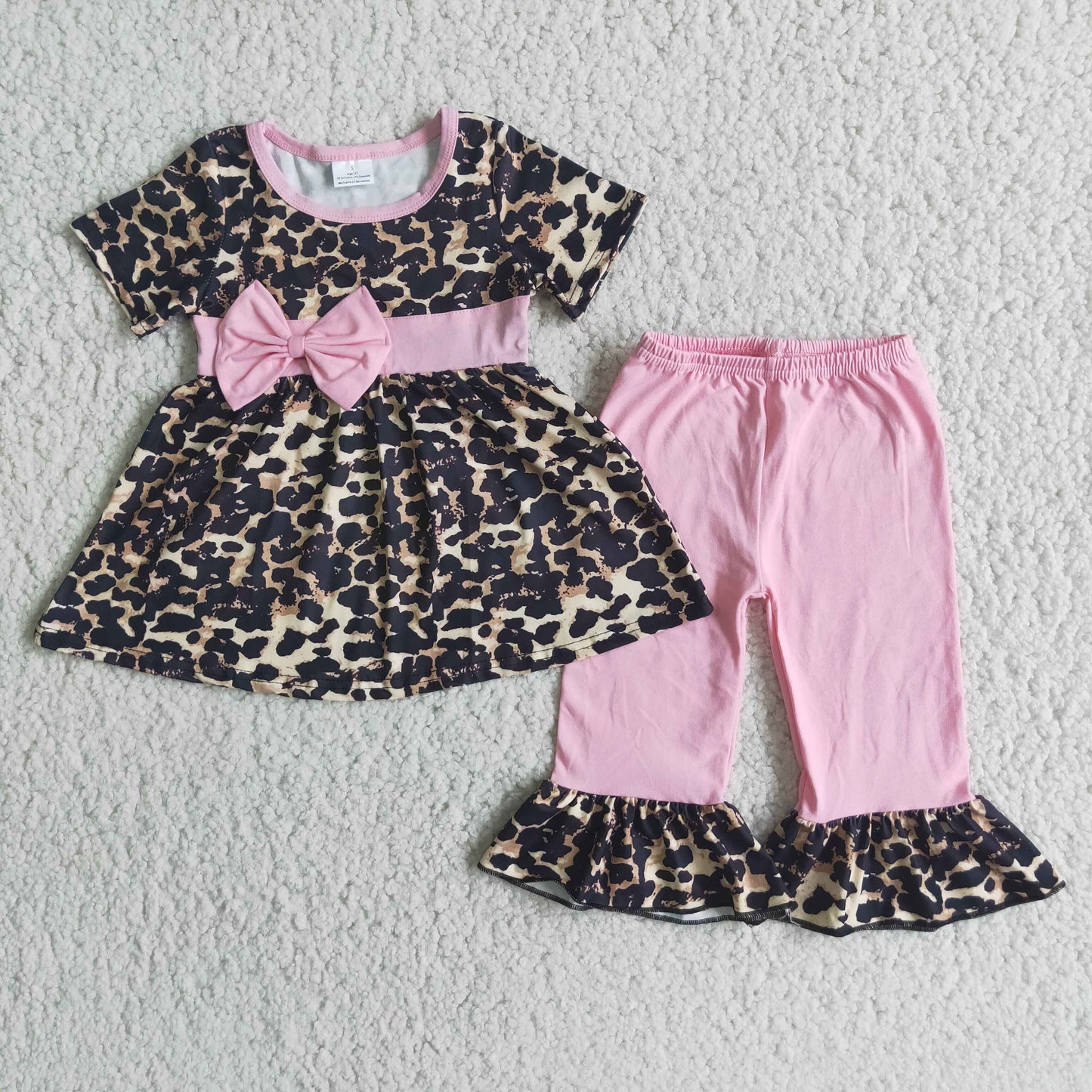 Girls Leopard Bows Outfits Short Sleeves Pink Pants