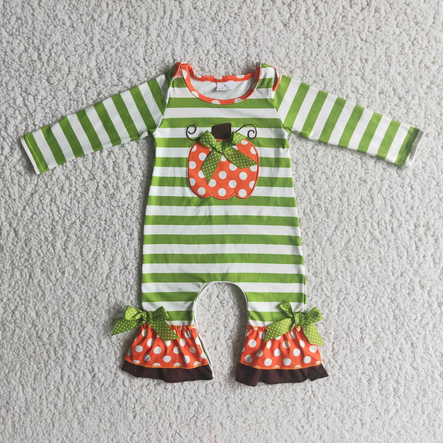 Girls Embroidery Pumpkin Rompers Green Stripe