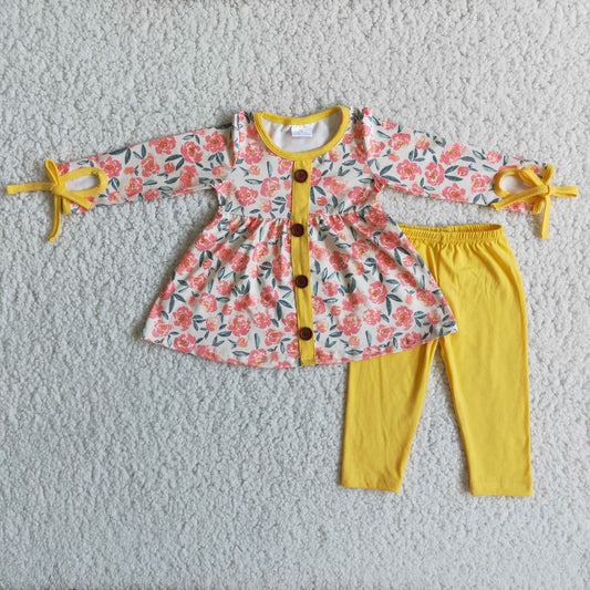 Girls Floral Outfits Long Sleeves Yellow Pants