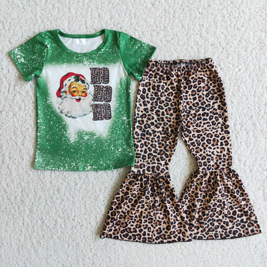 Girls Christmas Santa Ho Outfits Short Sleeves Leopard Pants