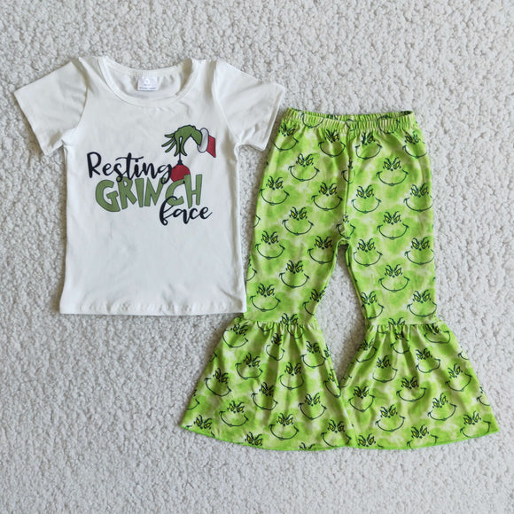 Girls Christmas Outfits Short Sleeves Bell Bottom Green Pants