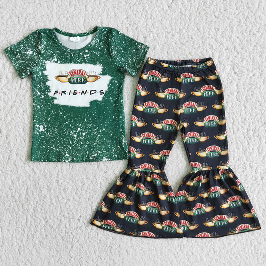 Girls Friends Coffee Outfits Short Sleeves Bell Bottom Pants Green