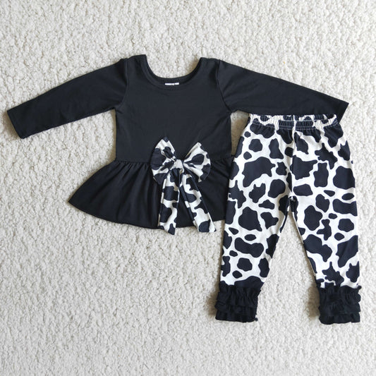 Girls Black Bow Outfits Cow Print Ruffled Pants