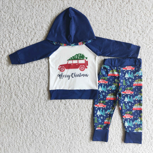 Boys Merry Christmas Tree Outfits Long Sleeves Hoodies Joggers Blue