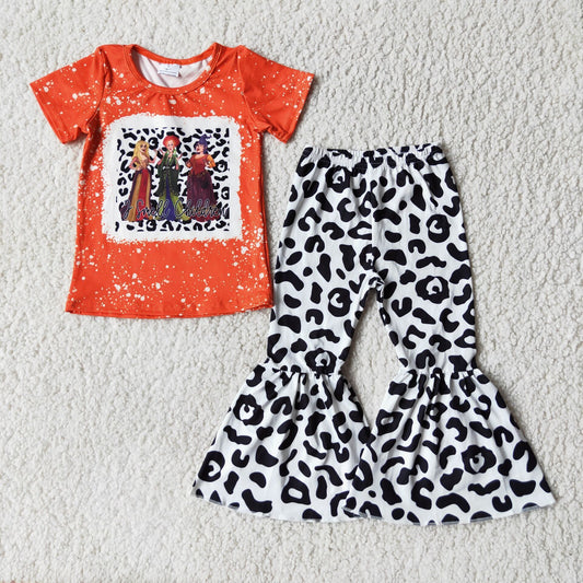 Girls Orange Outfits Short Sleeves Bell Bottom Leopard Pants