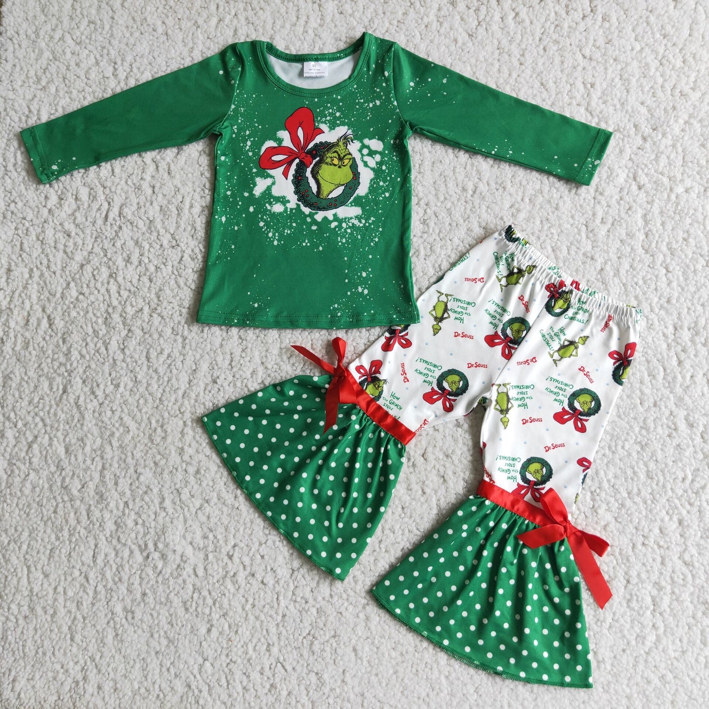 6 C6-20 Baby Girls Green Christmas Outfits Long Sleeves Bell Bottom Bow Pants