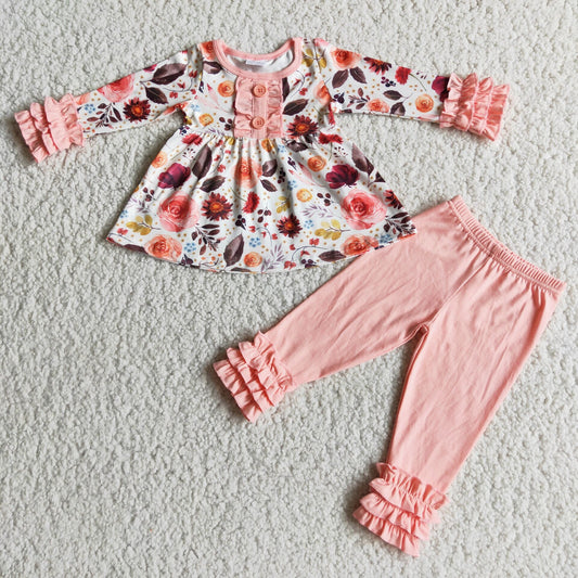 Girls Floral Outfits Long Sleeves Pink Ruffled Pants