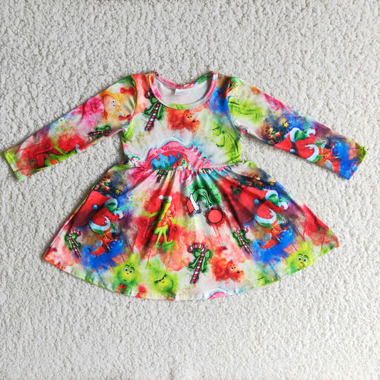 Girls Christmas Dress Long Sleeves Tie-dye