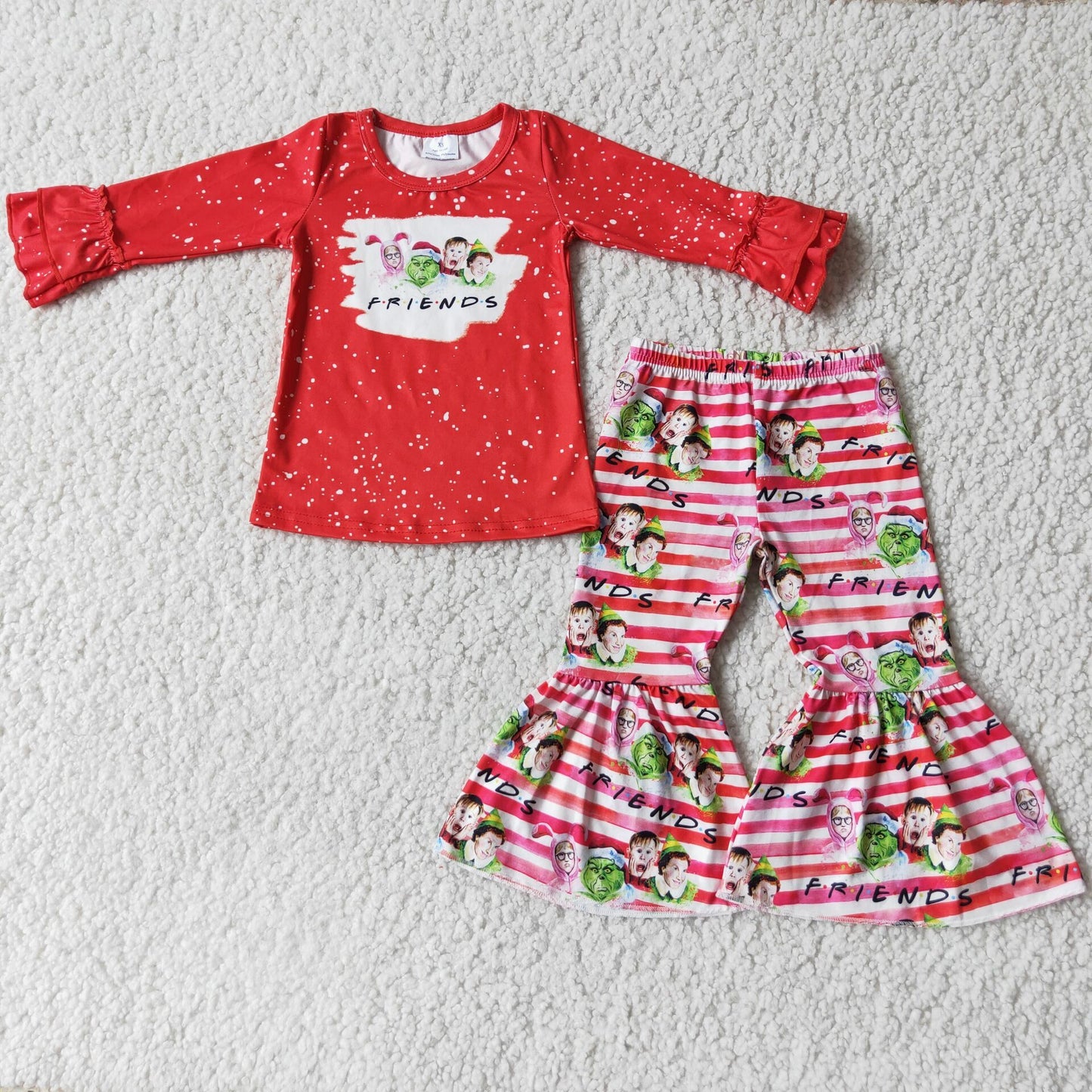 6 C6-17 Baby Girls Christmas Friends Outfits Long Sleeves Bell Bottom Stripe Pants Red