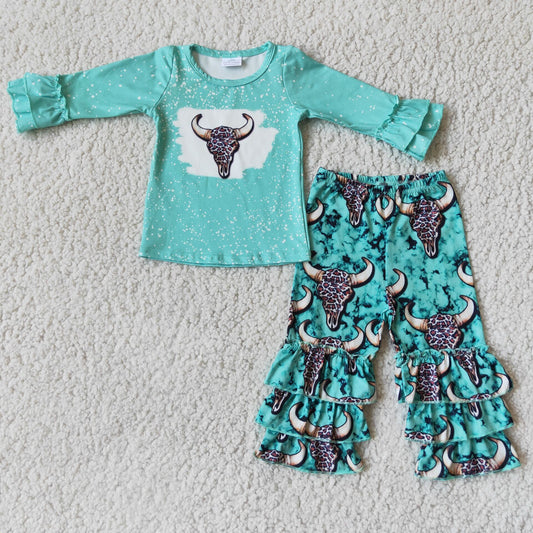 Girls Cow Print Outfits Mint Ruffled Pants