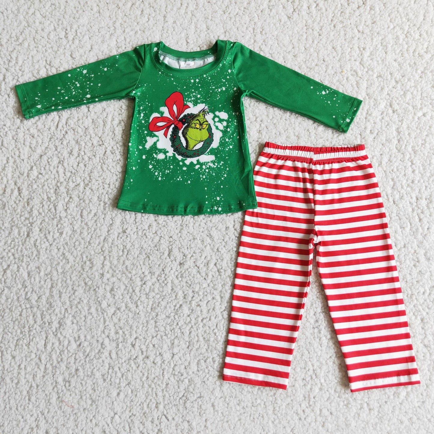 6 A12-4 Boys Christmas Outfits Long Sleeves Red Stripe Pants Green