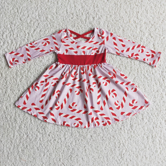 Girls Christmas Candy Canes Dress Long Sleeves Red