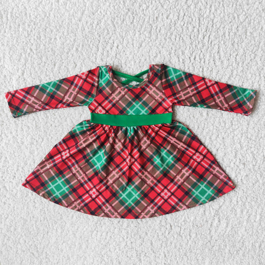 Girls Christmas Dress Long Sleeves Red Green Grid