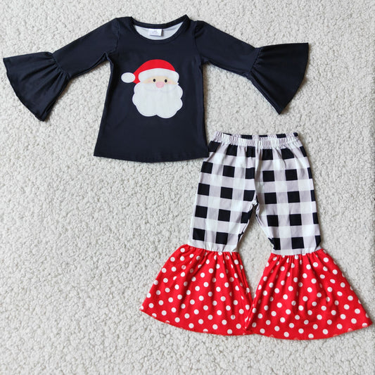 Baby Girls Christmas Santa Outfits Long Sleeves Plaid Bell Bottom Pants