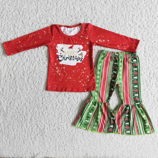 6 A18-18 Baby Girls Merry Christmas Outfits Long Sleeves Bell Bottom Green Pants