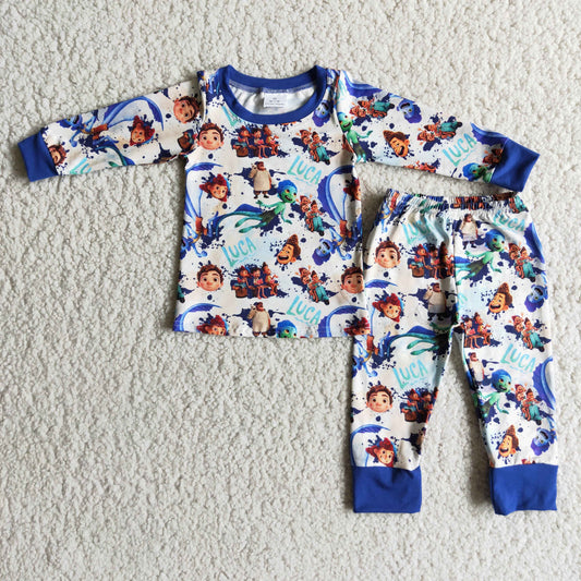 Boys Cartoon Pajamas Long Sleeves Joggers Blue