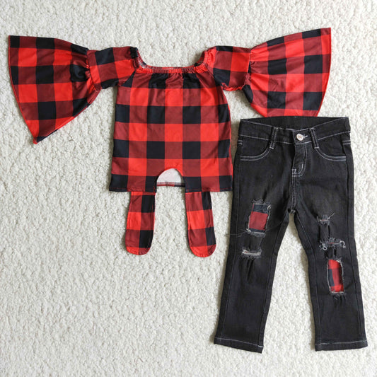 Girls Big Ruffles Sleeves and Jeans Red Black Checked Outfits