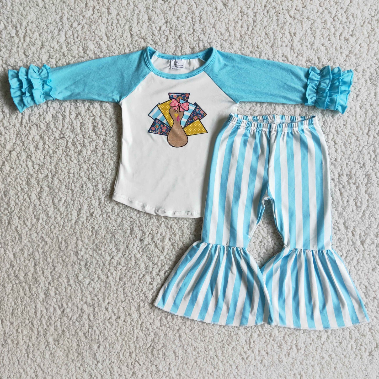 Girls Thanksgiving Turkey Outfits Long Sleeves Blue Stripe Pants