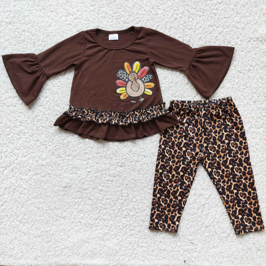 Girls Thanksgiving Turkey Outfits Long Sleeves Leopard Pants Brown