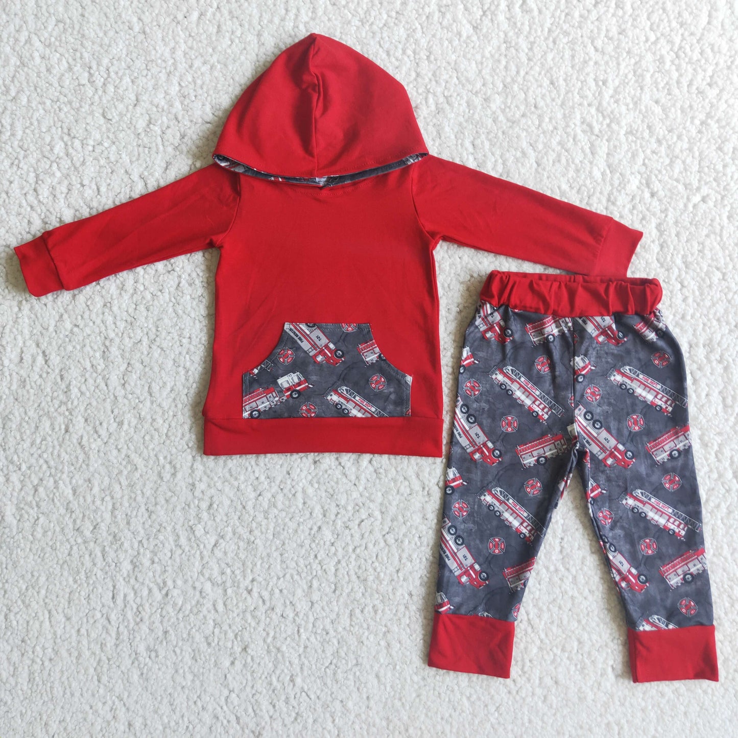 Boys Fire Fighting Truck Outfits Long Sleeves Hoodies Joggers Red