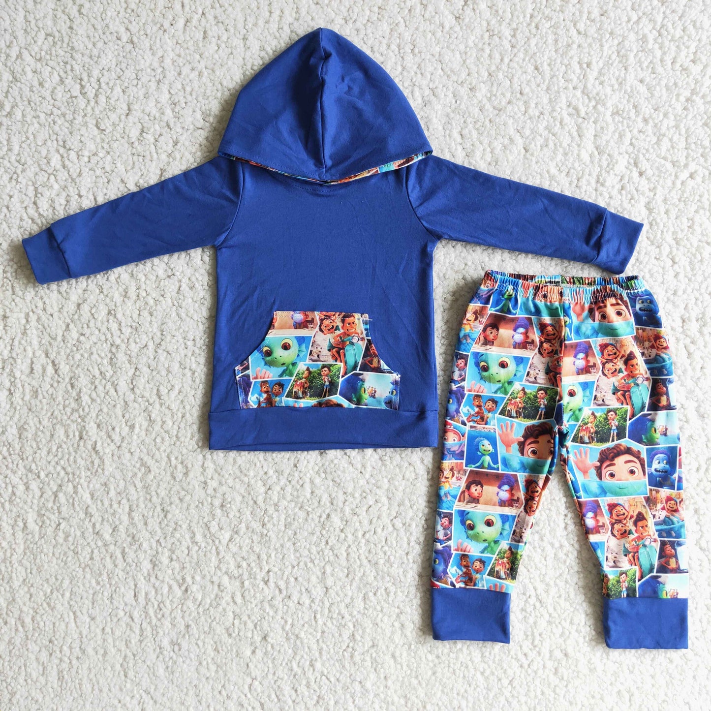 Boys Cartoon Outfits Long Sleeves Hoodies Joggers Blue